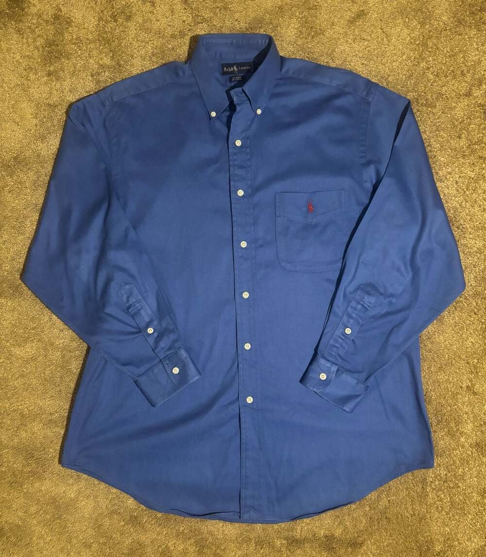 Vintage 90s Ralph Lauren Blaire Shirt Mens L Blue Cotton Button Down Red Pony